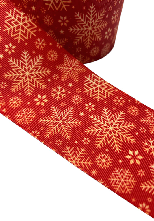 Gold Snow Flakes Christmas Grosgrain Ribbon